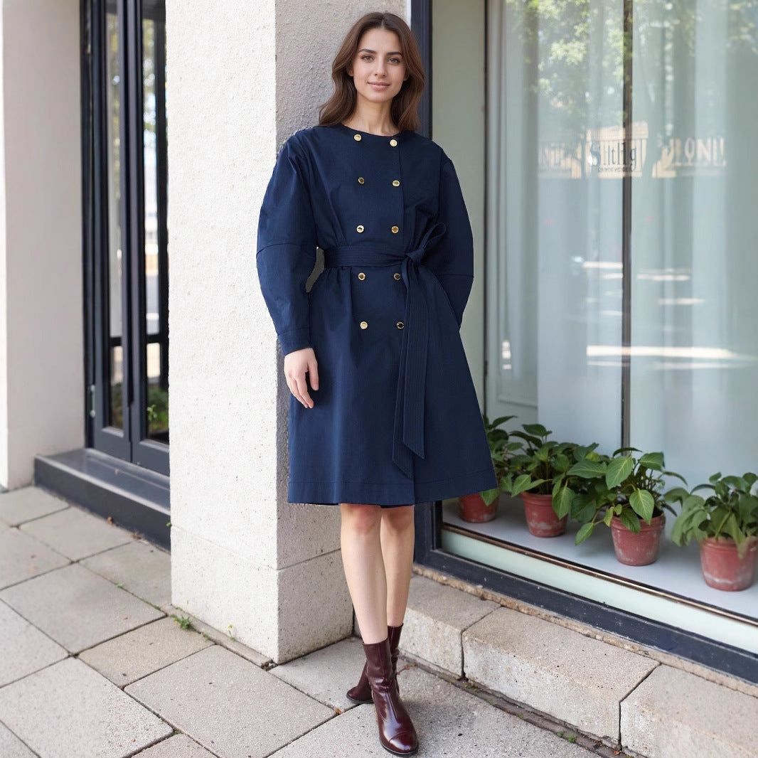 Elegant Round Neck Waist Trimming Elegant Trench Coat