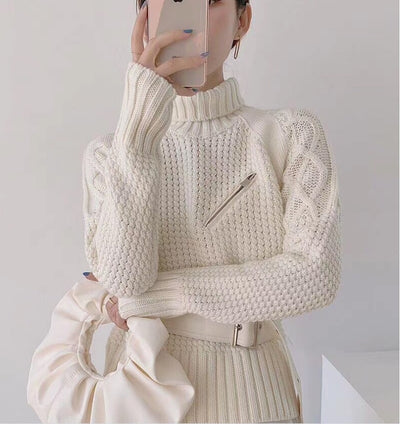 New Autumn And Winter Fashion Casual Long Sleeve Solid Color Sashes Slim High Collar Sweaters Pullovers Top Women