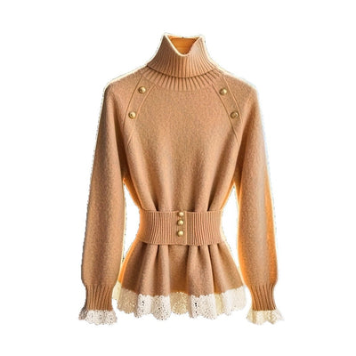 Elegant Lace Stitching Belt Knitted Top