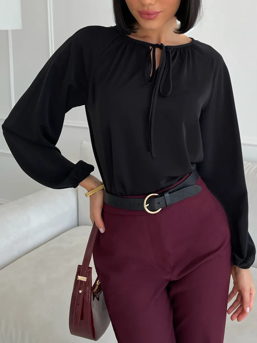 Lace-up Crew Neck Shirt Long Sleeve Simple And Stylish