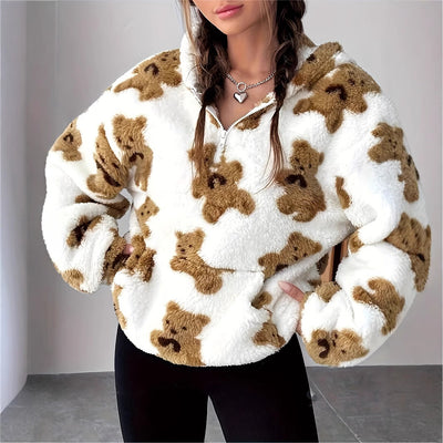 Fashion Bear Printed Plush Casual Top For Women