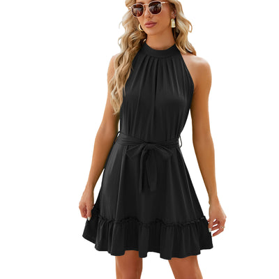 Solid Color Round Neck Halter Lace-up Dress Women
