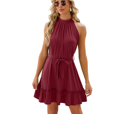 Solid Color Round Neck Halter Lace-up Dress Women