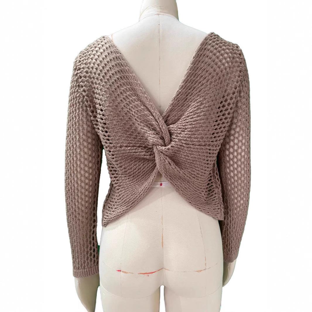 Pullover V-neck Hollow Out Back Cross Loose Sweater