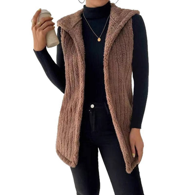 Women's Casual Solid Color Double-sided Plush Buckle-free Hooded Vest
