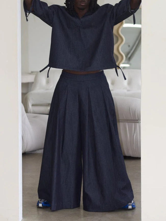 Men's Casual V-Neck Top & Wide-Leg Pants Set