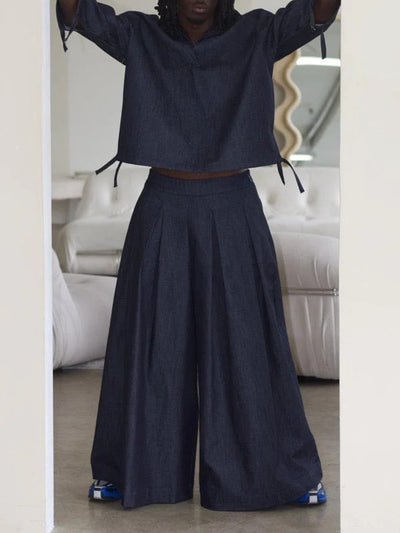 Men's Casual V-Neck Top & Wide-Leg Pants Set