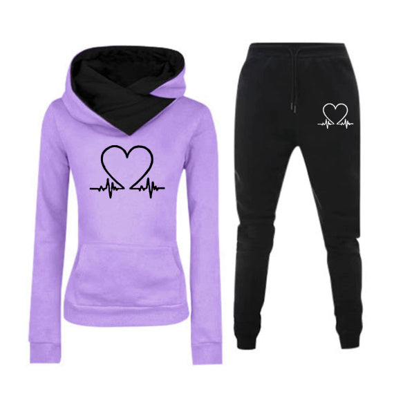 Love Heart Printed Sports Suit Hooded Sweatshirt Top And Drawstring Pants Fashion Casual Clothing For Women