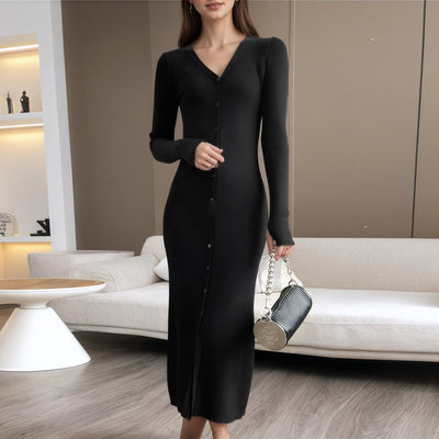 Black Slim Fit V-neck Single Breasted Sheath Temperament Long Dress
