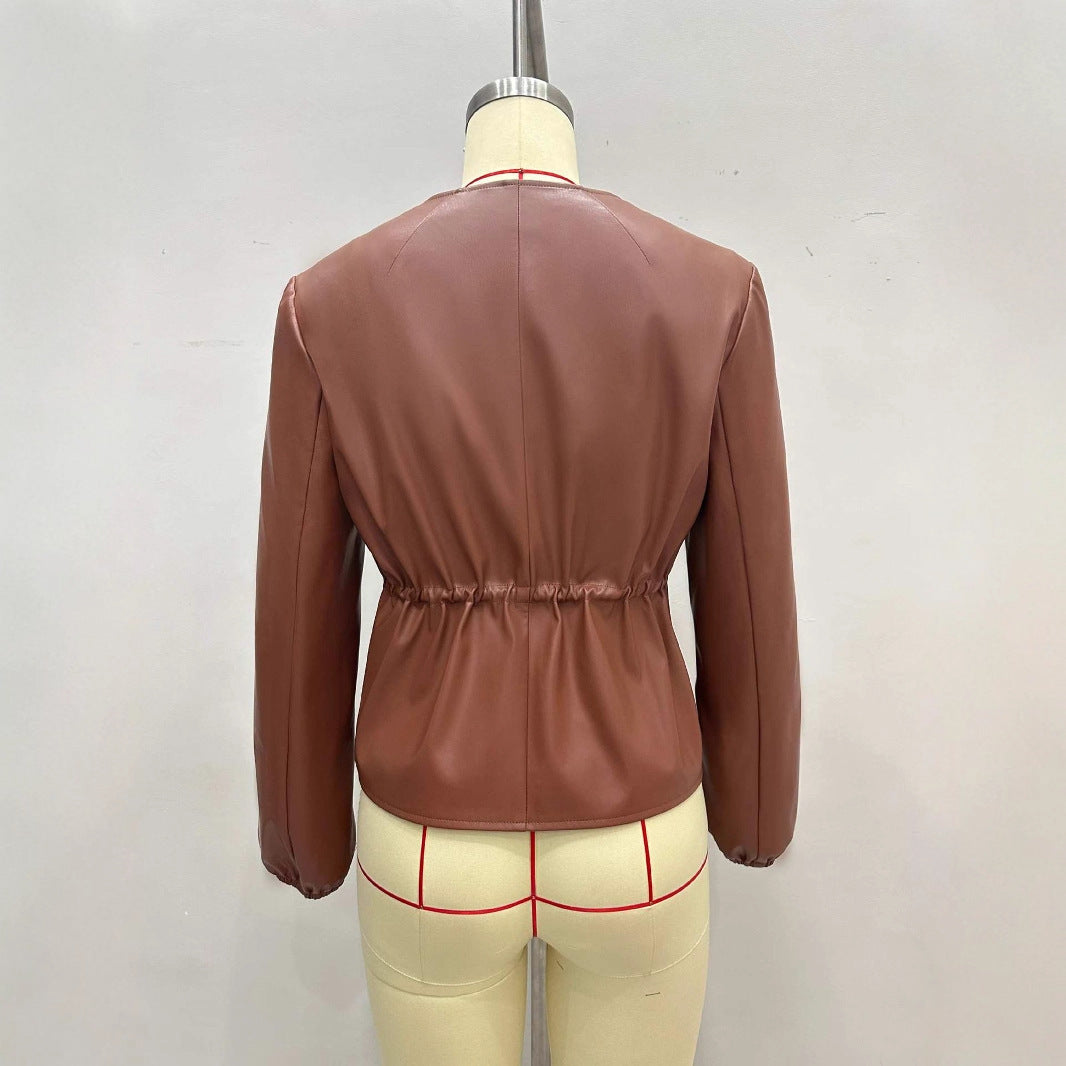 Round Neck Brown Drawstring Short Long Sleeve Leather Coat