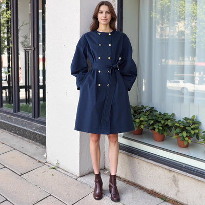 Elegant Round Neck Waist Trimming Elegant Trench Coat