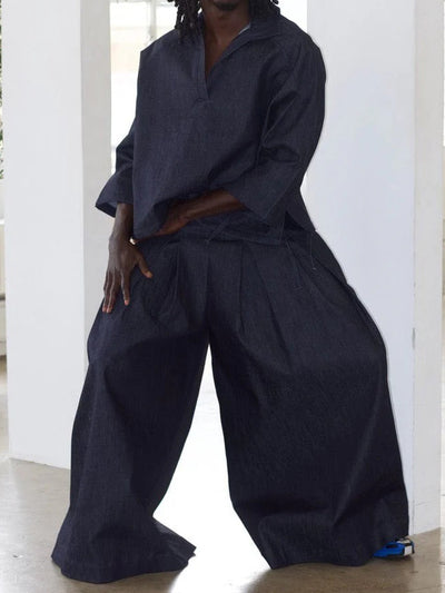 Men's Casual V-Neck Top & Wide-Leg Pants Set