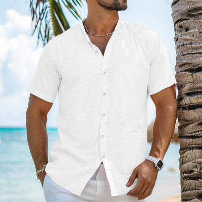 Men's Solid Color Cardigan Henry Collar Short Sleeve Cotton And Linen Shirt