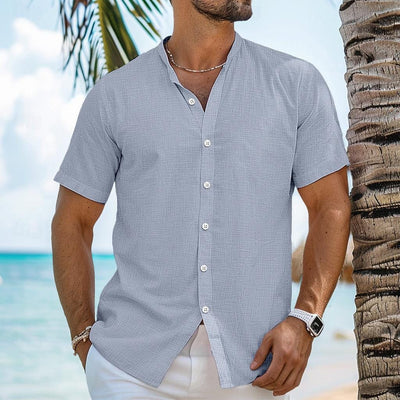 Men's Solid Color Cardigan Henry Collar Short Sleeve Cotton And Linen Shirt
