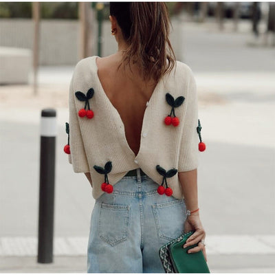 Three-dimensional Flower Round Neck Cardigan Knitted Short Sleeve