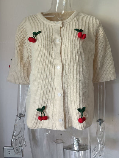 Three-dimensional Flower Round Neck Cardigan Knitted Short Sleeve