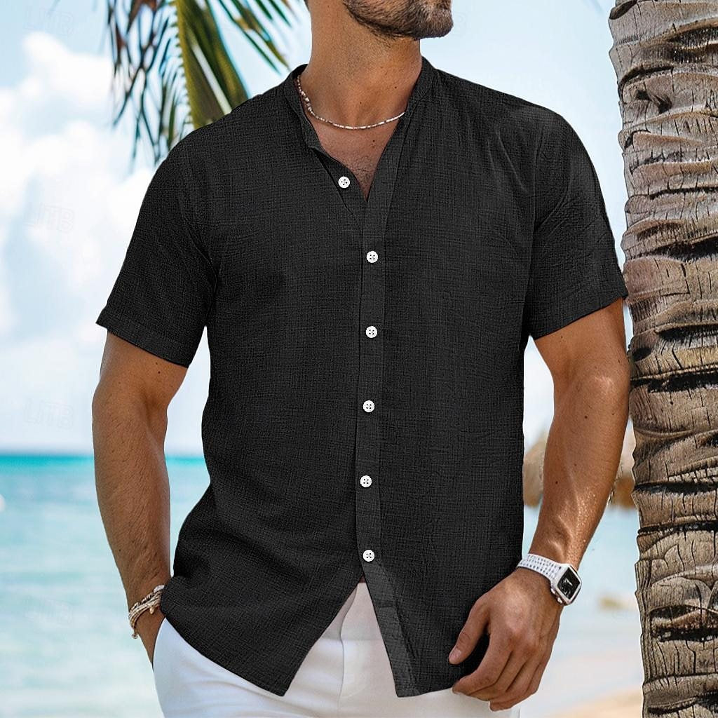 Men's Solid Color Cardigan Henry Collar Short Sleeve Cotton And Linen Shirt