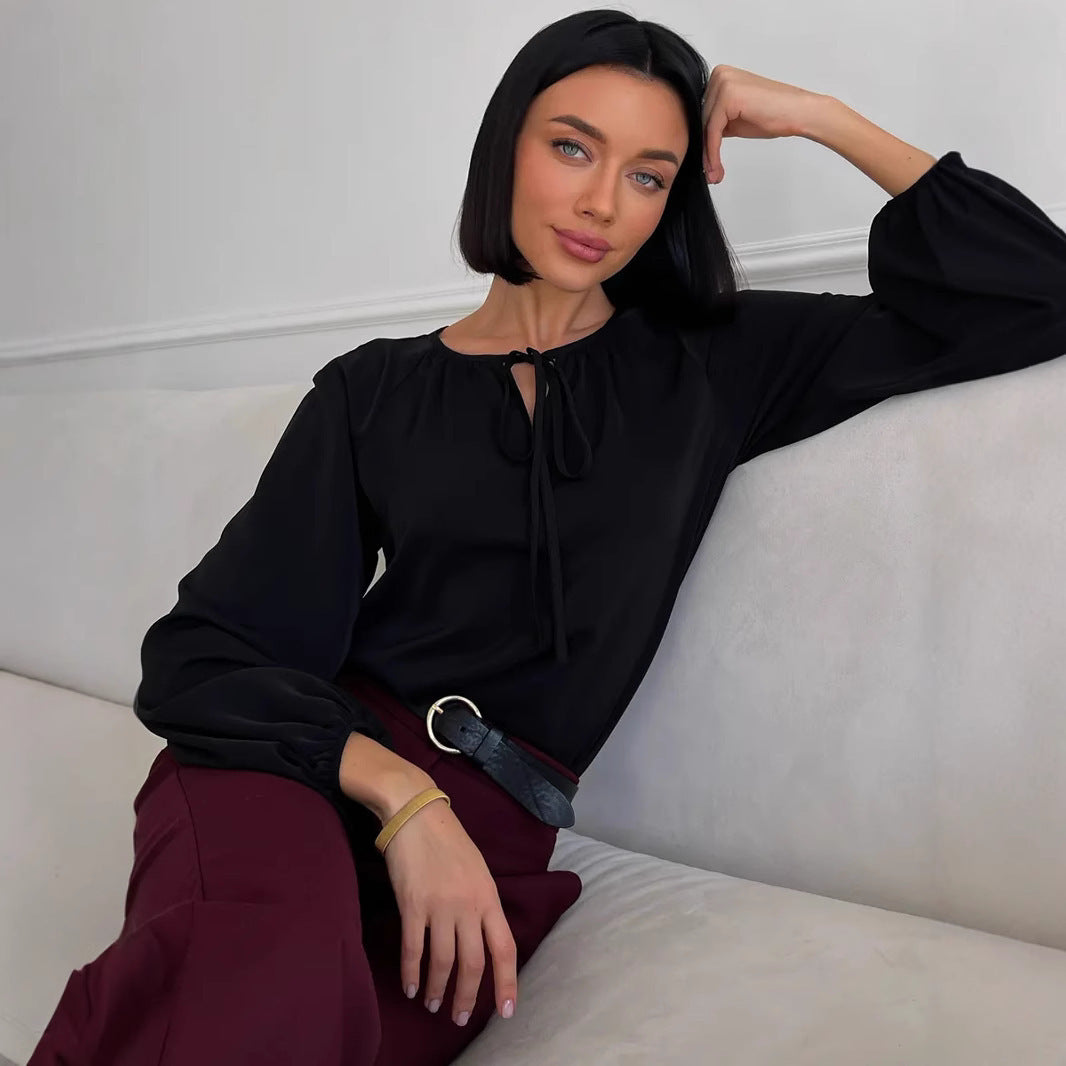 Lace-up Crew Neck Shirt Long Sleeve Simple And Stylish