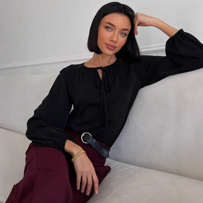 Lace-up Crew Neck Shirt Long Sleeve Simple And Stylish