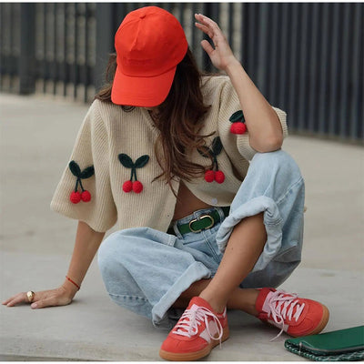 Three-dimensional Flower Round Neck Cardigan Knitted Short Sleeve