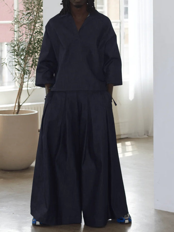 Men's Casual V-Neck Top & Wide-Leg Pants Set