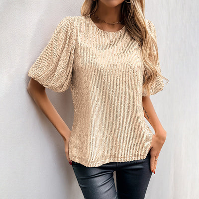 Bell Sleeve Round Neck Pure Color Sequins T-shirt