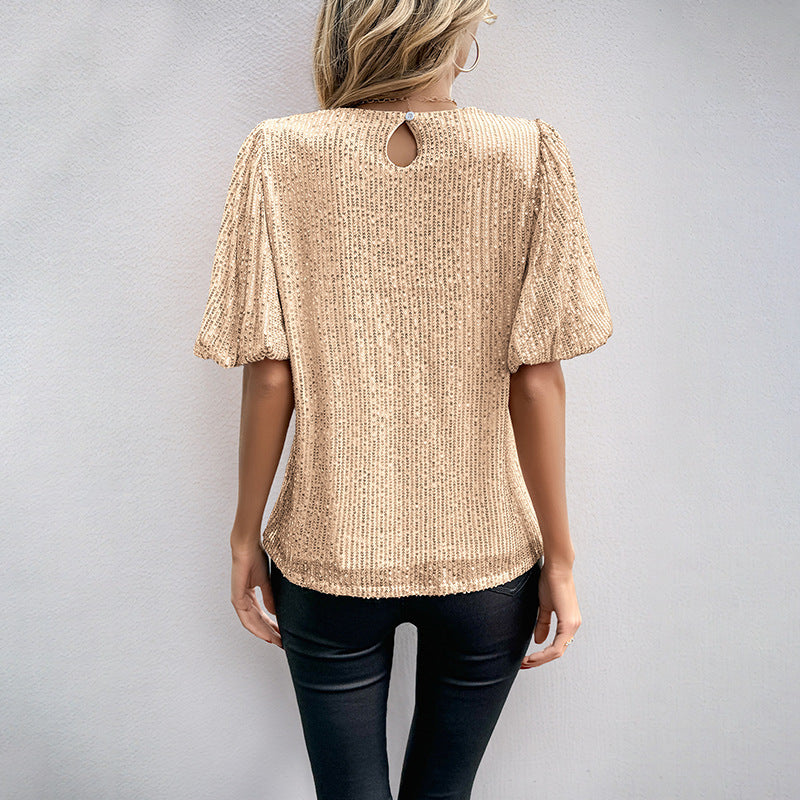 Bell Sleeve Round Neck Pure Color Sequins T-shirt