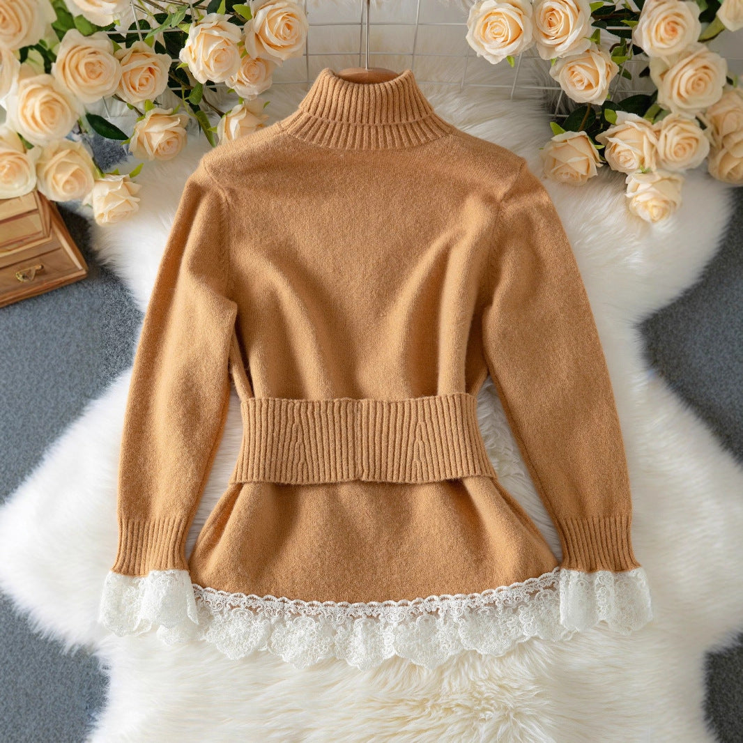 Elegant Lace Stitching Belt Knitted Top