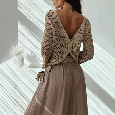 Pullover V-neck Hollow Out Back Cross Loose Sweater