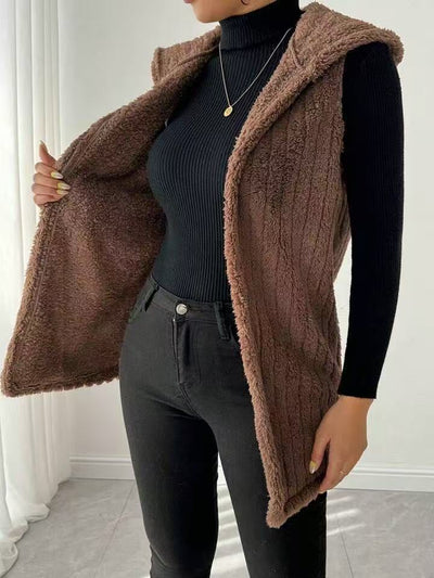 Women's Casual Solid Color Double-sided Plush Buckle-free Hooded Vest