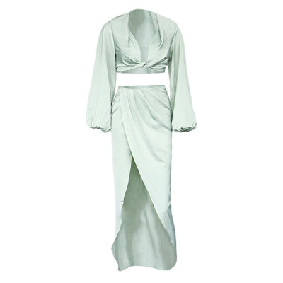 New Women''s Fashion Two Piece Satin Suit Top Split Skirt Wish