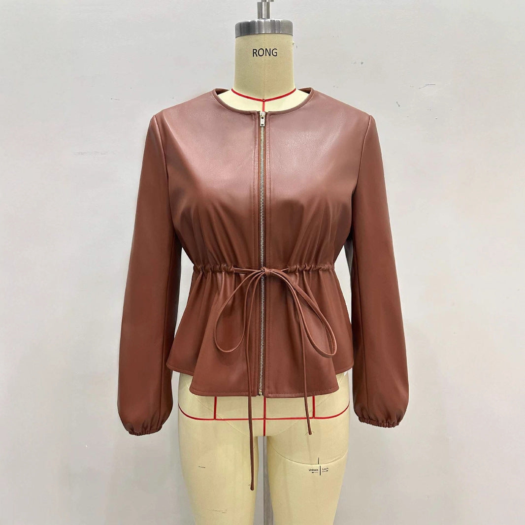 Round Neck Brown Drawstring Short Long Sleeve Leather Coat