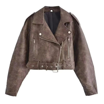 Washed Leather Motorcycle Jacket Women