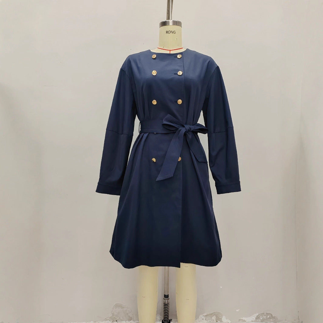 Elegant Round Neck Waist Trimming Elegant Trench Coat